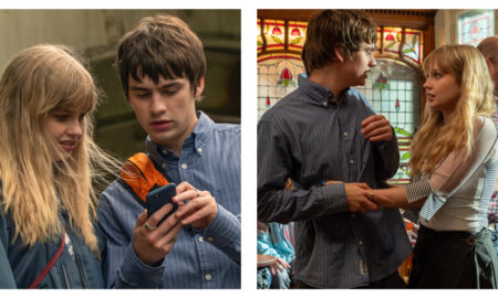 Two film stills from Finding Emily featuring Spike Fearn and Angourie Rice; on the left, they look at a mobile phone together outdoors, and on the right, they stand face-to-face in a pub with a decorative stained-glass window.