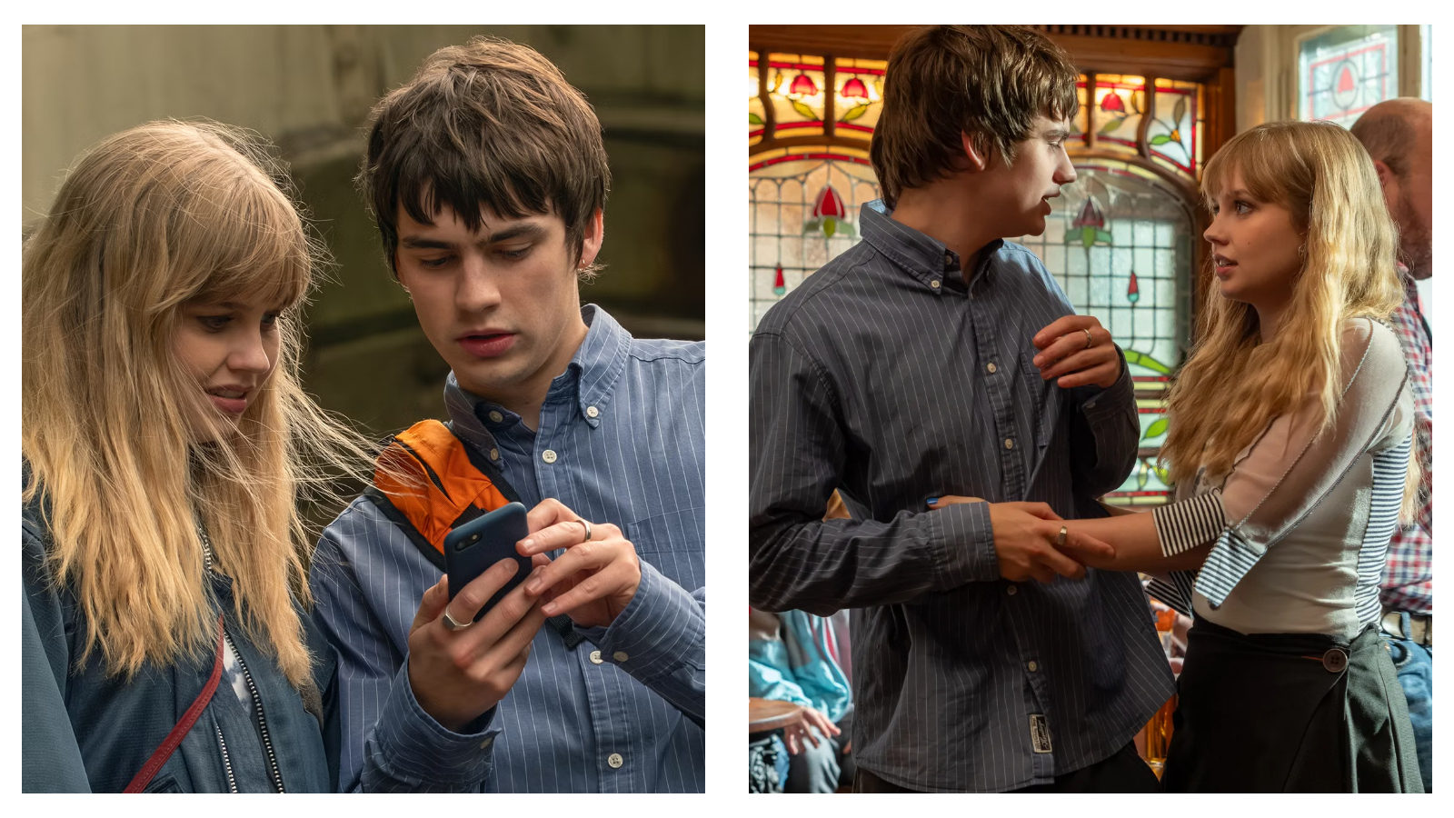 Two film stills from Finding Emily featuring Spike Fearn and Angourie Rice; on the left, they look at a mobile phone together outdoors, and on the right, they stand face-to-face in a pub with a decorative stained-glass window.