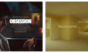 A side-by-side comparison of two horror film images. On the left, a movie poster for "Obsession" shows a man in a car looking at an object, with a dark silhouette in a doorway in the background. On the right, the title card for "Backrooms" depicts an eerie, empty, yellowish office corridor with the text "Backrooms" across the centre.