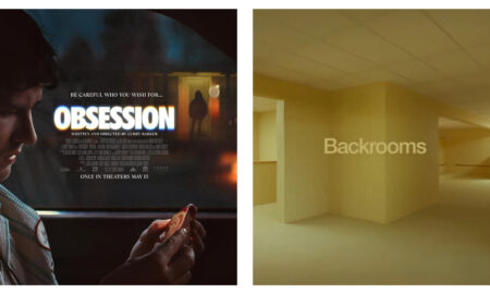 A side-by-side comparison of two horror film images. On the left, a movie poster for "Obsession" shows a man in a car looking at an object, with a dark silhouette in a doorway in the background. On the right, the title card for "Backrooms" depicts an eerie, empty, yellowish office corridor with the text "Backrooms" across the centre.