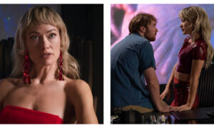 A side-by-side diptych of two film stills from I Want Your Sex, featuring Olivia Wilde with blonde hair, micro-bangs, and a bold red outfit. The left image shows a close-up of her looking forward with a serious expression and large red earrings; the right image shows her in a red latex two-piece outfit leaning towards Cooper Hoffman seated in a blue shirt as they look at one another.