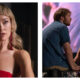 A side-by-side diptych of two film stills from I Want Your Sex, featuring Olivia Wilde with blonde hair, micro-bangs, and a bold red outfit. The left image shows a close-up of her looking forward with a serious expression and large red earrings; the right image shows her in a red latex two-piece outfit leaning towards Cooper Hoffman seated in a blue shirt as they look at one another.