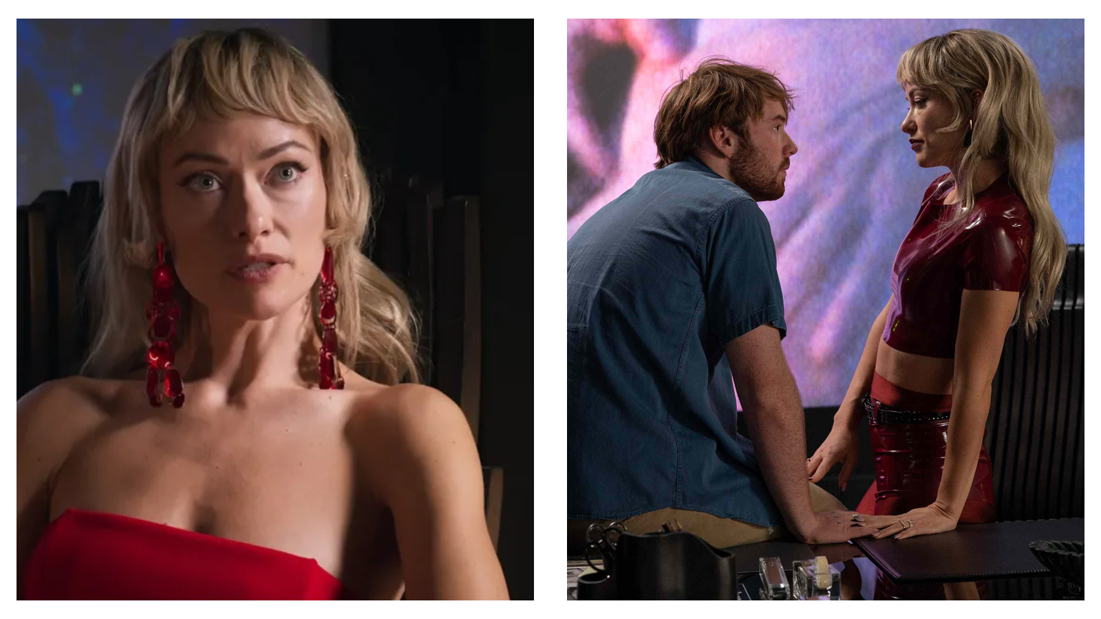 A side-by-side diptych of two film stills from I Want Your Sex, featuring Olivia Wilde with blonde hair, micro-bangs, and a bold red outfit. The left image shows a close-up of her looking forward with a serious expression and large red earrings; the right image shows her in a red latex two-piece outfit leaning towards Cooper Hoffman seated in a blue shirt as they look at one another.