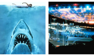 Two iconic film stills placed side by side, showcasing contrasting cinematic tones. On the left, the movie poster for *Jaws* depicts a massive great white shark swimming upwards with an open mouth towards a lone swimmer on the water's surface. On the right, a scene from *Close Encounters of the Third Kind* displays a massive, brightly illuminated alien mothership hovering over a ground facility filled with onlookers.