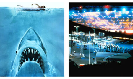Two iconic film stills placed side by side, showcasing contrasting cinematic tones. On the left, the movie poster for *Jaws* depicts a massive great white shark swimming upwards with an open mouth towards a lone swimmer on the water's surface. On the right, a scene from *Close Encounters of the Third Kind* displays a massive, brightly illuminated alien mothership hovering over a ground facility filled with onlookers.