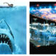 Two iconic film stills placed side by side, showcasing contrasting cinematic tones. On the left, the movie poster for *Jaws* depicts a massive great white shark swimming upwards with an open mouth towards a lone swimmer on the water's surface. On the right, a scene from *Close Encounters of the Third Kind* displays a massive, brightly illuminated alien mothership hovering over a ground facility filled with onlookers.