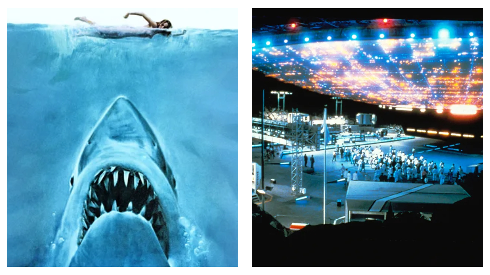 Two iconic film stills placed side by side, showcasing contrasting cinematic tones. On the left, the movie poster for *Jaws* depicts a massive great white shark swimming upwards with an open mouth towards a lone swimmer on the water's surface. On the right, a scene from *Close Encounters of the Third Kind* displays a massive, brightly illuminated alien mothership hovering over a ground facility filled with onlookers.