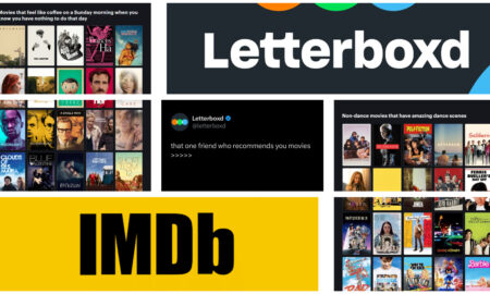 A collage contrasting the film platforms Letterboxd and IMDb. It features the white Letterboxd logo on a dark background, a yellow IMDb logo block, and a tweet from @letterboxd reading, "that one friend who recommends you movies >>>>>". Flanking these are two curated Letterboxd movie lists: one titled "Movies that feel like coffee on a Sunday morning when you know you have nothing to do that day" and another titled "Non-dance movies that have amazing dance scenes," both filled with various film poster thumbnails.
