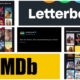 A collage contrasting the film platforms Letterboxd and IMDb. It features the white Letterboxd logo on a dark background, a yellow IMDb logo block, and a tweet from @letterboxd reading, "that one friend who recommends you movies >>>>>". Flanking these are two curated Letterboxd movie lists: one titled "Movies that feel like coffee on a Sunday morning when you know you have nothing to do that day" and another titled "Non-dance movies that have amazing dance scenes," both filled with various film poster thumbnails.
