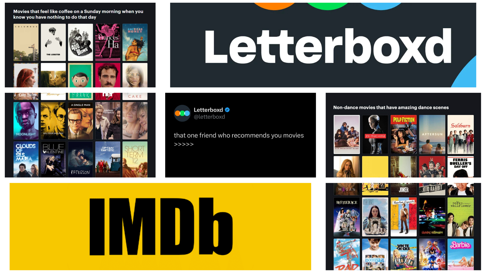 A collage contrasting the film platforms Letterboxd and IMDb. It features the white Letterboxd logo on a dark background, a yellow IMDb logo block, and a tweet from @letterboxd reading, "that one friend who recommends you movies >>>>>". Flanking these are two curated Letterboxd movie lists: one titled "Movies that feel like coffee on a Sunday morning when you know you have nothing to do that day" and another titled "Non-dance movies that have amazing dance scenes," both filled with various film poster thumbnails.