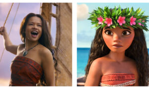 Here is the accessible alt-text for the image: A side-by-side comparison of Moana, featuring a live-action actress on the left smiling joyfully while holding a ship's rigging, and the original animated character on the right wearing a green leaf and pink flower crown against an ocean backdrop.