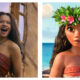 Here is the accessible alt-text for the image: A side-by-side comparison of Moana, featuring a live-action actress on the left smiling joyfully while holding a ship's rigging, and the original animated character on the right wearing a green leaf and pink flower crown against an ocean backdrop.