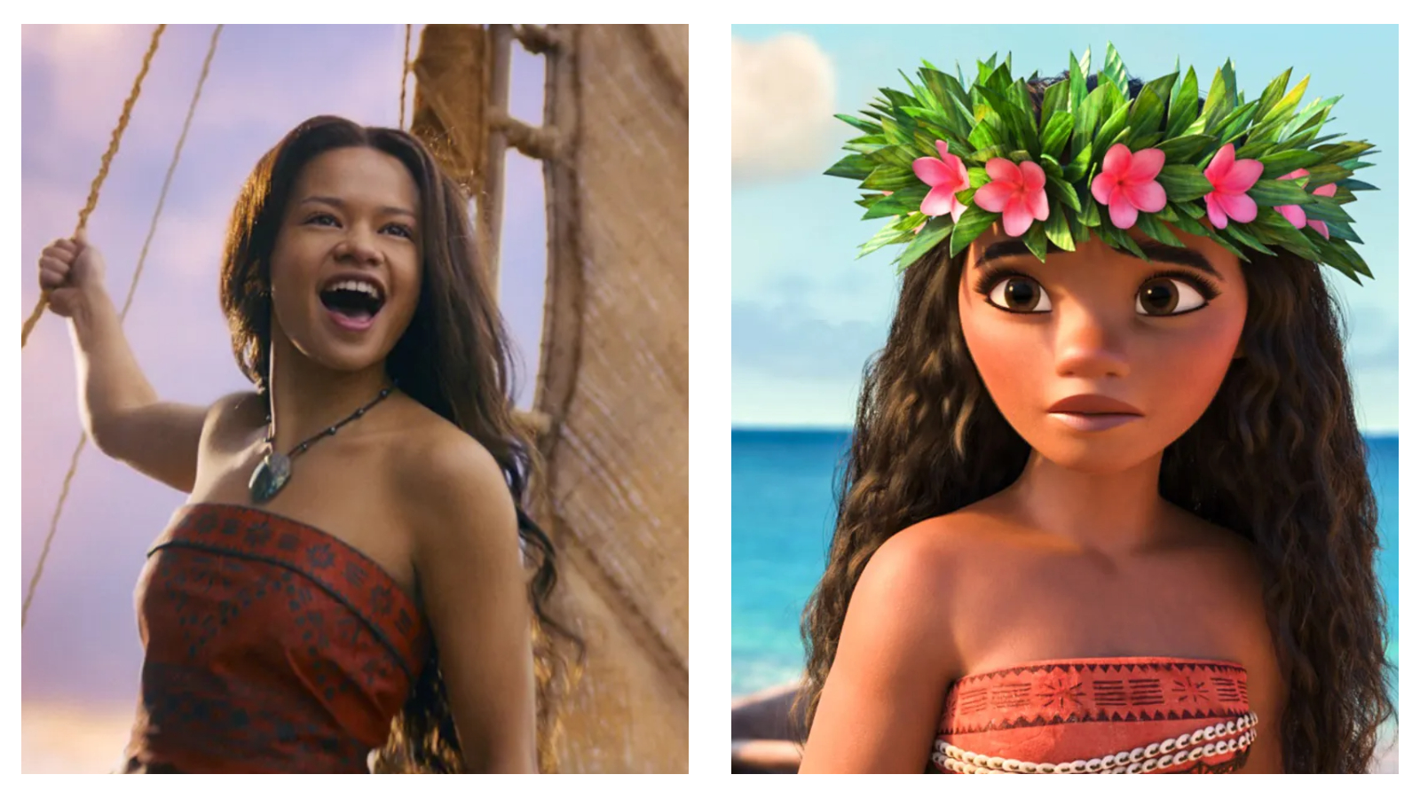 Here is the accessible alt-text for the image: A side-by-side comparison of Moana, featuring a live-action actress on the left smiling joyfully while holding a ship's rigging, and the original animated character on the right wearing a green leaf and pink flower crown against an ocean backdrop.
