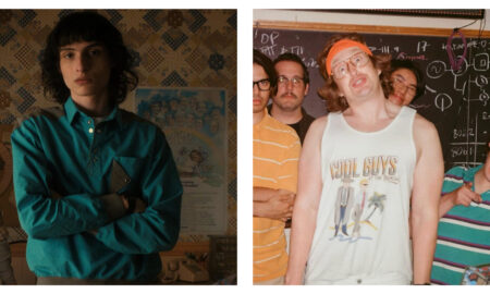 A side-by-side diptych of two distinct television and film scenes with a retro aesthetic. On the left, Finn Wolfhard as Mike Wheeler in Stranger Things stands with arms crossed, wearing a teal and grey collared pullover shirt against a patterned wallpaper background. On the right, Matt Johnson and cast members in BlackBerry stand in front of a blackboard filled with technical diagrams; Matt Johnson wears an orange headband, glasses, and a white tank top that reads "COOL GUYS AT THE BEACH" with an illustration of two men next to a palm tree.