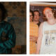 A side-by-side diptych of two distinct television and film scenes with a retro aesthetic. On the left, Finn Wolfhard as Mike Wheeler in Stranger Things stands with arms crossed, wearing a teal and grey collared pullover shirt against a patterned wallpaper background. On the right, Matt Johnson and cast members in BlackBerry stand in front of a blackboard filled with technical diagrams; Matt Johnson wears an orange headband, glasses, and a white tank top that reads "COOL GUYS AT THE BEACH" with an illustration of two men next to a palm tree.
