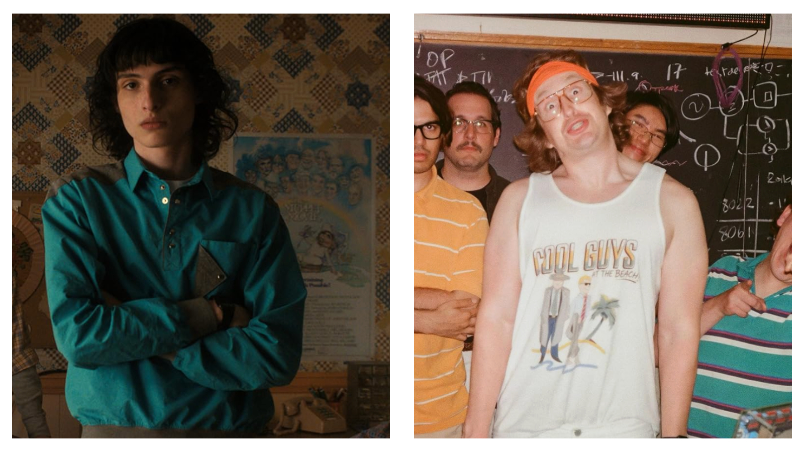A side-by-side diptych of two distinct television and film scenes with a retro aesthetic. On the left, Finn Wolfhard as Mike Wheeler in Stranger Things stands with arms crossed, wearing a teal and grey collared pullover shirt against a patterned wallpaper background. On the right, Matt Johnson and cast members in BlackBerry stand in front of a blackboard filled with technical diagrams; Matt Johnson wears an orange headband, glasses, and a white tank top that reads "COOL GUYS AT THE BEACH" with an illustration of two men next to a palm tree.