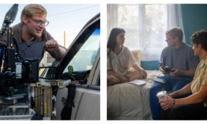 A side-by-side split image showing behind-the-scenes moments from the film production of Obsession. On the left, director Curry Barker wearing glasses leans over a professional cinema camera rig mounted to a car window. On the right, Curry Barker sits on a bed by a window talking with actors Inde Navarrette and Michael Johnston, who are holding a script and a drink.