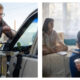 A side-by-side split image showing behind-the-scenes moments from the film production of Obsession. On the left, director Curry Barker wearing glasses leans over a professional cinema camera rig mounted to a car window. On the right, Curry Barker sits on a bed by a window talking with actors Inde Navarrette and Michael Johnston, who are holding a script and a drink.