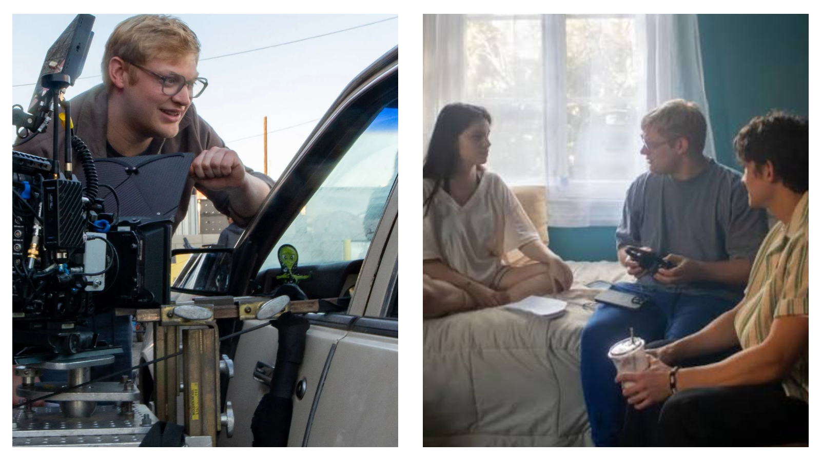 A side-by-side split image showing behind-the-scenes moments from the film production of Obsession. On the left, director Curry Barker wearing glasses leans over a professional cinema camera rig mounted to a car window. On the right, Curry Barker sits on a bed by a window talking with actors Inde Navarrette and Michael Johnston, who are holding a script and a drink.