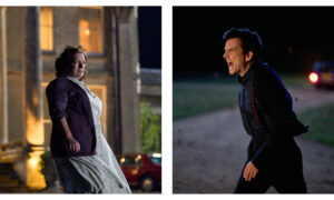 Two stills from season two episode six of Rivals, on the left is Monica Baddingham (Claire Rushbrook) standing outside her manor amid a windswept night and on the right is her husband Tony (David Tennant) in a similar scene but in a fit of rage