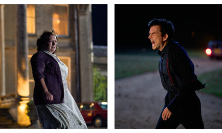 Two stills from season two episode six of Rivals, on the left is Monica Baddingham (Claire Rushbrook) standing outside her manor amid a windswept night and on the right is her husband Tony (David Tennant) in a similar scene but in a fit of rage