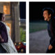Two stills from season two episode six of Rivals, on the left is Monica Baddingham (Claire Rushbrook) standing outside her manor amid a windswept night and on the right is her husband Tony (David Tennant) in a similar scene but in a fit of rage