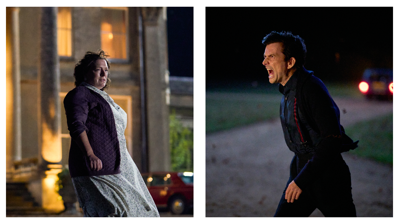 Two stills from season two episode six of Rivals, on the left is Monica Baddingham (Claire Rushbrook) standing outside her manor amid a windswept night and on the right is her husband Tony (David Tennant) in a similar scene but in a fit of rage