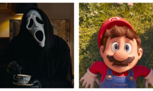 A side-by-side split image. On the left, a figure in a Ghostface mask and black hood stirs a patterned teacup. On the right, an animated Mario lies in green grass with a wide-eyed, startled expression.