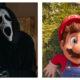 A side-by-side split image. On the left, a figure in a Ghostface mask and black hood stirs a patterned teacup. On the right, an animated Mario lies in green grass with a wide-eyed, startled expression.