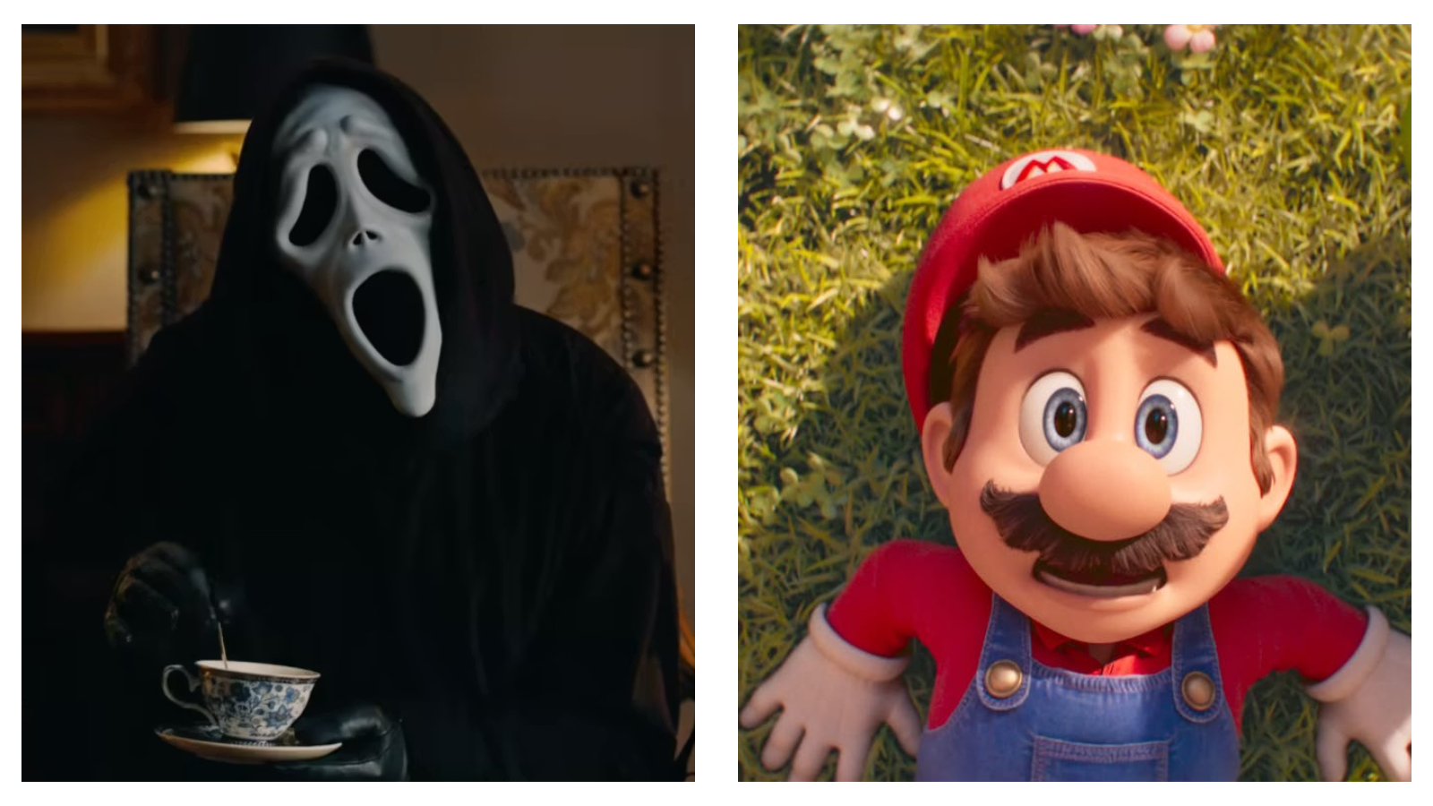 A side-by-side split image. On the left, a figure in a Ghostface mask and black hood stirs a patterned teacup. On the right, an animated Mario lies in green grass with a wide-eyed, startled expression.