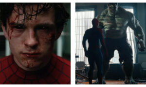 A two-panel side-by-side image. On the left, a close-up of a bruised and bloodied Peter Parker in a Spider-Man suit, staring forward with pitch-black, soulless eyes. On the right, Spider-Man stands from behind, facing a massive, menacing Hulk inside a dimly lit room with window blinds.
