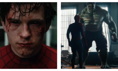 A two-panel side-by-side image. On the left, a close-up of a bruised and bloodied Peter Parker in a Spider-Man suit, staring forward with pitch-black, soulless eyes. On the right, Spider-Man stands from behind, facing a massive, menacing Hulk inside a dimly lit room with window blinds.