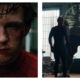 A two-panel side-by-side image. On the left, a close-up of a bruised and bloodied Peter Parker in a Spider-Man suit, staring forward with pitch-black, soulless eyes. On the right, Spider-Man stands from behind, facing a massive, menacing Hulk inside a dimly lit room with window blinds.