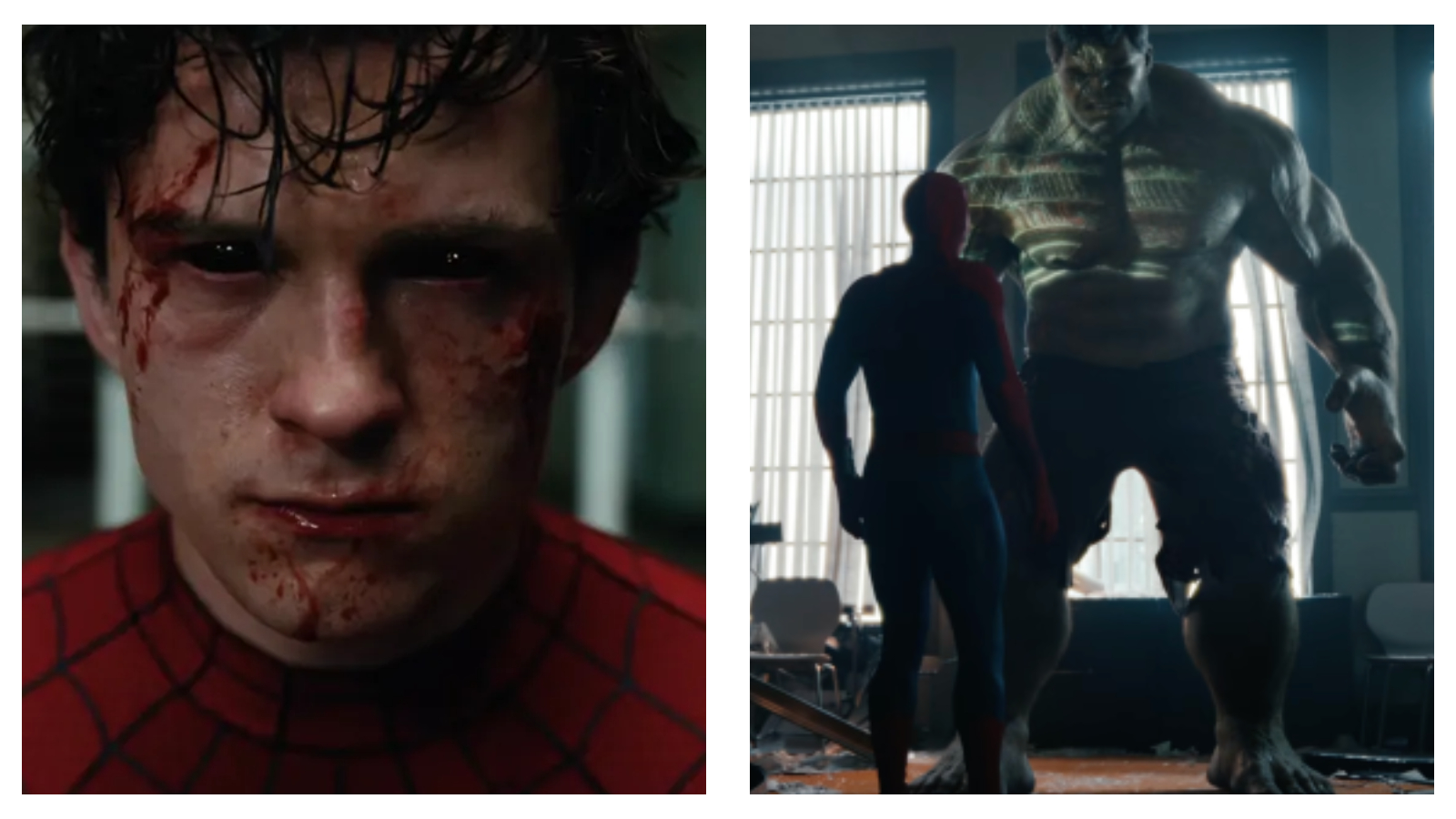 A two-panel side-by-side image. On the left, a close-up of a bruised and bloodied Peter Parker in a Spider-Man suit, staring forward with pitch-black, soulless eyes. On the right, Spider-Man stands from behind, facing a massive, menacing Hulk inside a dimly lit room with window blinds.