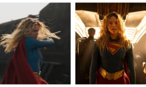 Two side-by-side stills of Milly Alcock as Kara Zor-El; on the left, she strikes a dynamic action pose in a desaturated landscape with her red cape and blonde hair windswept, and on the right, a medium shot shows her in a backlit corridor wearing a blue suit with a red and yellow 'S' crest and a gold belt.