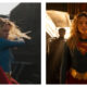 Two side-by-side stills of Milly Alcock as Kara Zor-El; on the left, she strikes a dynamic action pose in a desaturated landscape with her red cape and blonde hair windswept, and on the right, a medium shot shows her in a backlit corridor wearing a blue suit with a red and yellow 'S' crest and a gold belt.