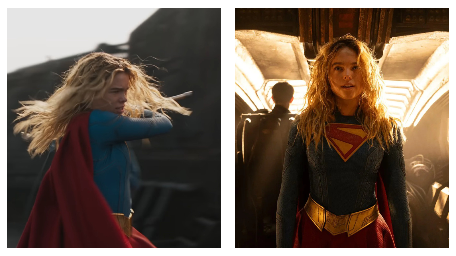 Two side-by-side stills of Milly Alcock as Kara Zor-El; on the left, she strikes a dynamic action pose in a desaturated landscape with her red cape and blonde hair windswept, and on the right, a medium shot shows her in a backlit corridor wearing a blue suit with a red and yellow 'S' crest and a gold belt.