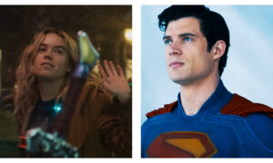 Side-by-side split screen showing actress Milly Alcock as Supergirl in a dimly lit indoor setting, waving casually with a smirk, next to actor David Corenswet as Superman wearing his superhero suit, looking upward against a bright blue background.