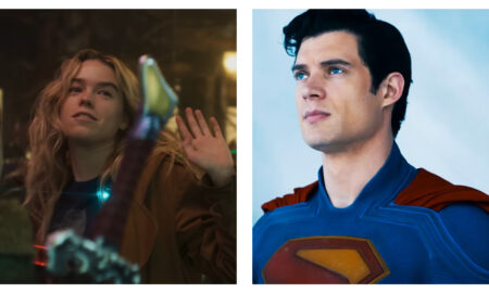 Side-by-side split screen showing actress Milly Alcock as Supergirl in a dimly lit indoor setting, waving casually with a smirk, next to actor David Corenswet as Superman wearing his superhero suit, looking upward against a bright blue background.