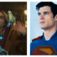 Side-by-side split screen showing actress Milly Alcock as Supergirl in a dimly lit indoor setting, waving casually with a smirk, next to actor David Corenswet as Superman wearing his superhero suit, looking upward against a bright blue background.