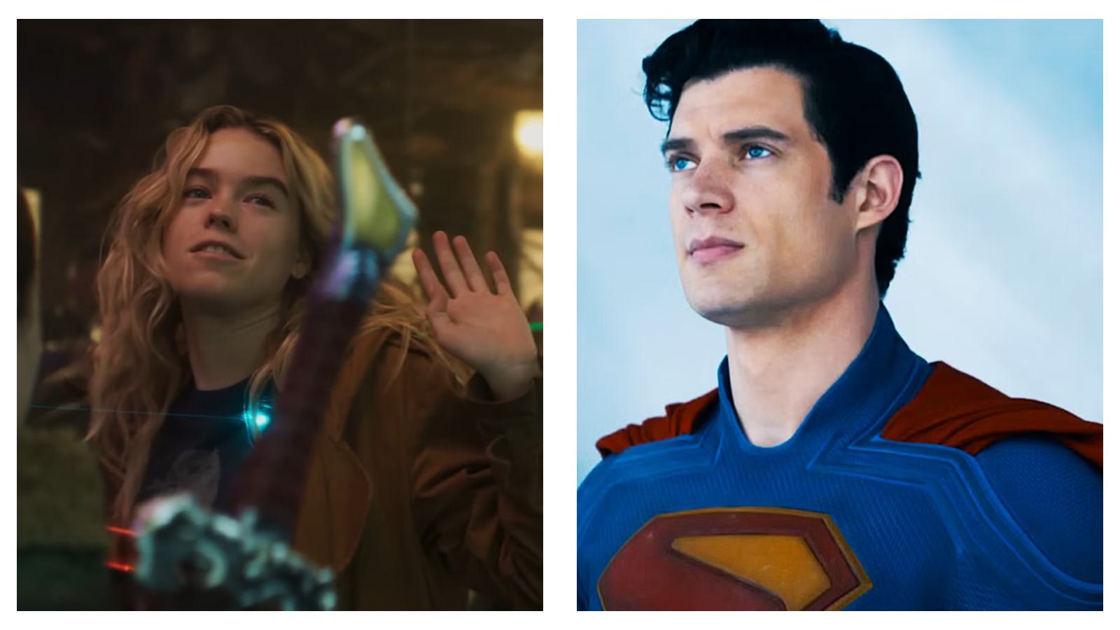Side-by-side split screen showing actress Milly Alcock as Supergirl in a dimly lit indoor setting, waving casually with a smirk, next to actor David Corenswet as Superman wearing his superhero suit, looking upward against a bright blue background.