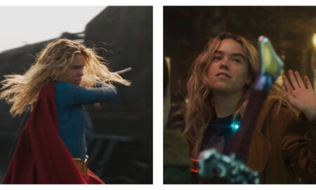 Side-by-side film stills of Milly Alcock as Supergirl. The left side shows her mid-action wearing a blue suit and flowing red cape, while the right side shows her in a brown jacket, smiling and raising her hand in a dimly lit setting.
