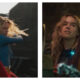 Side-by-side film stills of Milly Alcock as Supergirl. The left side shows her mid-action wearing a blue suit and flowing red cape, while the right side shows her in a brown jacket, smiling and raising her hand in a dimly lit setting.