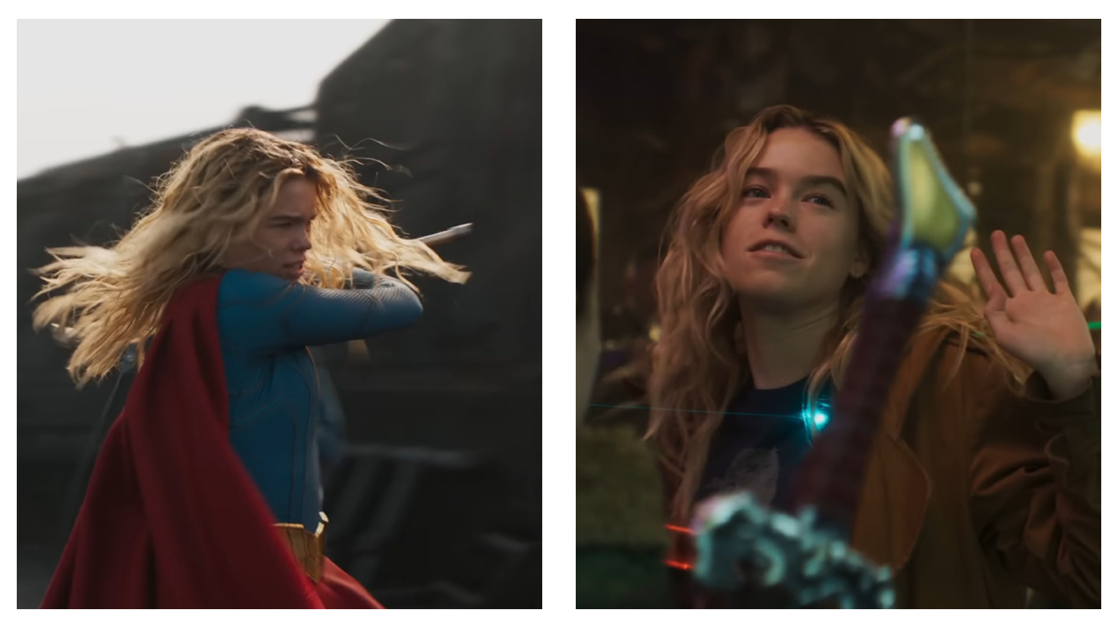 Side-by-side film stills of Milly Alcock as Supergirl. The left side shows her mid-action wearing a blue suit and flowing red cape, while the right side shows her in a brown jacket, smiling and raising her hand in a dimly lit setting.