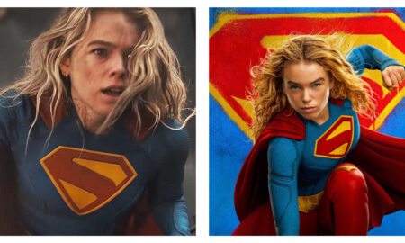 Side-by-side comparison of actress Milly Alcock as Supergirl. On the left, she has an intense expression in a dirt-streaked dark blue super suit; on the right, she crouches heroically in promo poster image, donning the superset in pristine condition in front of the S shield and blue background.