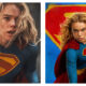 Side-by-side comparison of actress Milly Alcock as Supergirl. On the left, she has an intense expression in a dirt-streaked dark blue super suit; on the right, she crouches heroically in promo poster image, donning the superset in pristine condition in front of the S shield and blue background.