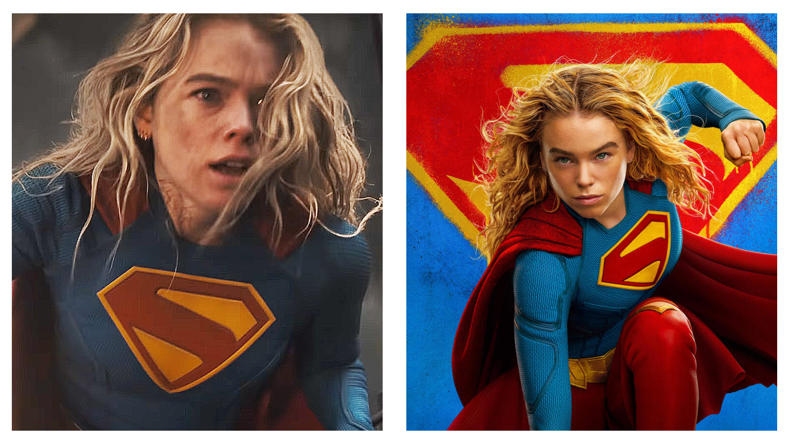 Side-by-side comparison of actress Milly Alcock as Supergirl. On the left, she has an intense expression in a dirt-streaked dark blue super suit; on the right, she crouches heroically in promo poster image, donning the superset in pristine condition in front of the S shield and blue background.