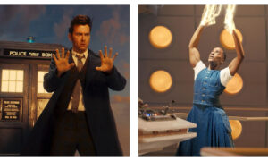 Two side-by-side promotional images from Doctor Who. On the left, the Fourteenth Doctor David Tennant stands shocked outside the TARDIS. On the right, the Fifteenth Doctor Ncuti Gatwa looks upward inside the TARDIS console room as golden regeneration energy crackles from his hands.