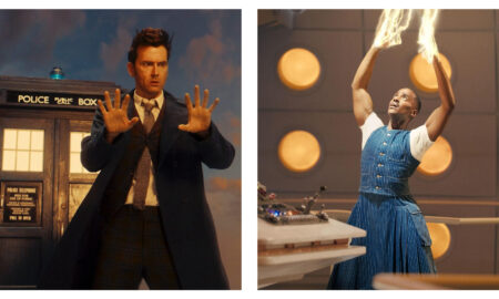 Two side-by-side promotional images from Doctor Who. On the left, the Fourteenth Doctor David Tennant stands shocked outside the TARDIS. On the right, the Fifteenth Doctor Ncuti Gatwa looks upward inside the TARDIS console room as golden regeneration energy crackles from his hands.
