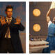 Two side-by-side promotional images from Doctor Who. On the left, the Fourteenth Doctor David Tennant stands shocked outside the TARDIS. On the right, the Fifteenth Doctor Ncuti Gatwa looks upward inside the TARDIS console room as golden regeneration energy crackles from his hands.